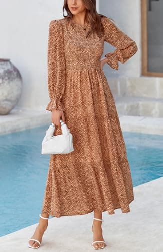 BTFBM Women Casual Long Sleeve Crew Neck Fall Dress Bohemian Relaxed Fit Floral Flowy Maxi Dresses Tiered Cocktail Dress(Floral Brown,Small) - Thumbnail 3