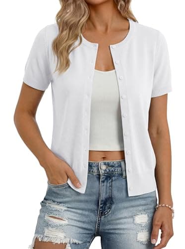 GRACE KARIN Women Short Sleeve Cardigan Sweaters, Summer Cropped Shrug, Fashion Tops for Women Trendy Bright White L - Image 1