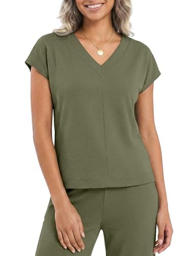 Casly Lamiit Womens 2 Piece Sets 2026 Summer Casual Travel Outfits V Neck Cap Sleeve Top Wide Leg Pants Beach Vacation Airport Clothes Army Green L - Thumbnail 2