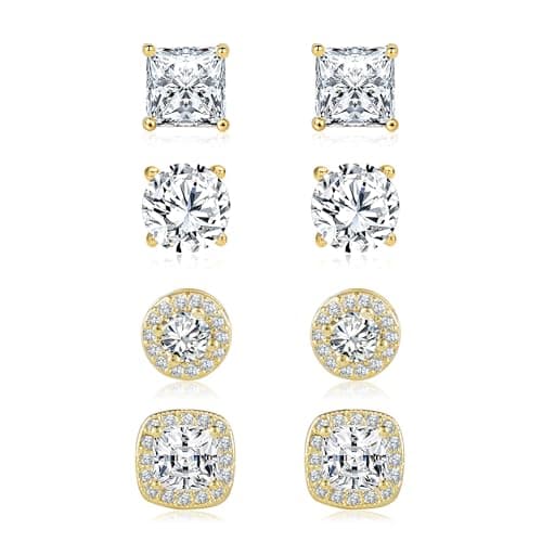 Gold Plated Halo Stud Men's Earrings 925 Sterling Silver Earring with Cubic Zirconia, 14K Gold Round Square Diamond Stud Earrings Set for Women Men - Image 1