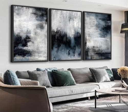 Large Framed Abstract Wall Art - Natural Framed Rustic Blue Canvas Pictures for Living Room Modern Canvas Prints for Bedroom Black Float Frame Art for Home Office Kitchen Decor 16" X 24" X 3pcs - Image 1