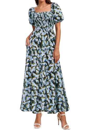 BTFBM Spring Summer Dresses for Women 2026 Puff Short Sleeve Smocked Floral Print Boho Beach Wedding Guest Maxi Dress(Floral Blue Yellow, Small) - Image 1