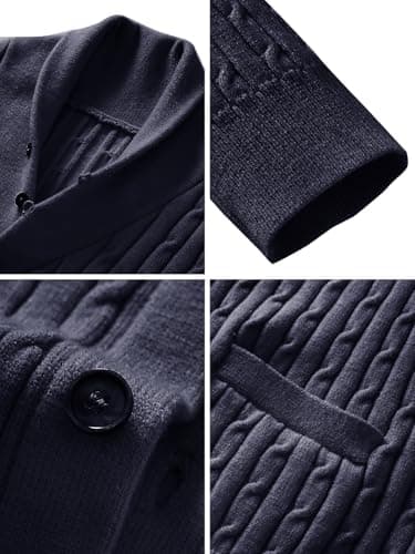 ALLOVIN Mens Cable Knit Cardigan Sweater Shawl Collar Long Sleeve Button Down with Pockets Casual Business Wear Fall Winter | Dark Blue | XX-Large - Thumbnail 6