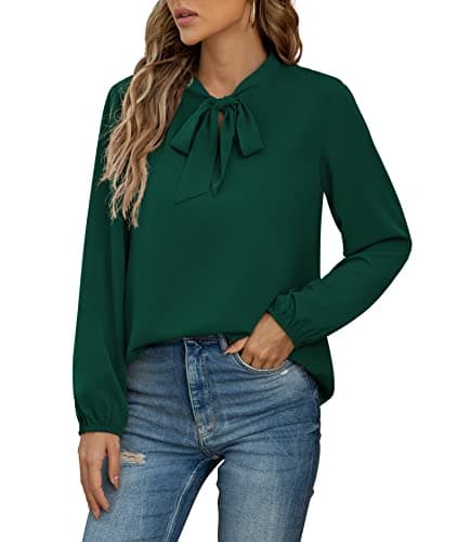 CZYINXIAN Business Casual Tops for Women Chiffon Long Sleeve Blouses Womens Fall Office Work Blouses(Dark Green,Large) - Image 1