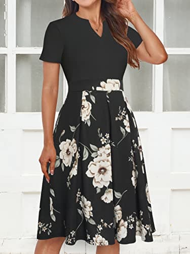 YATHON Womens Black Khaki Floral Patchwork Dresses Vintage V Neck 2024 Summer Business Office Work Party Casual Dress with Pockets(YT228-Black Khaki P2,M) - Thumbnail 3