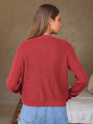 EXLURA Womens 2025 Knit Cardigan Sweaters Spring Fall Crewneck Open Front Button Jacket Fashion Outerwear Coats with Pockets Wine Red - Thumbnail 5