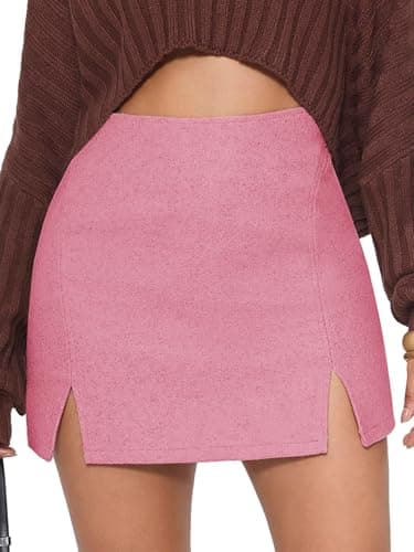 EXLURA Women's Fashion Faux Wool Mini Skirt High Waisted Y2K Trendy Side Slit Tweed Plaid Skirts 2025 Fall Winter Outfits Pink - Image 1