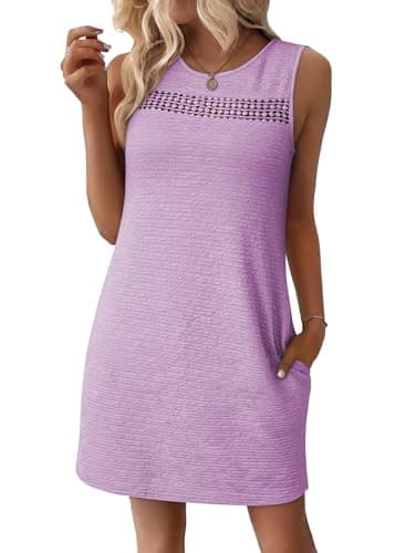 EVALESS Dresses for Women 2026 Spring Summer Casual Beach Dresses Fashion Sleeveless Cut-Out Mini Dress Crewneck Sundress Vacation Outfits with Pockets Purple Large - Image 1