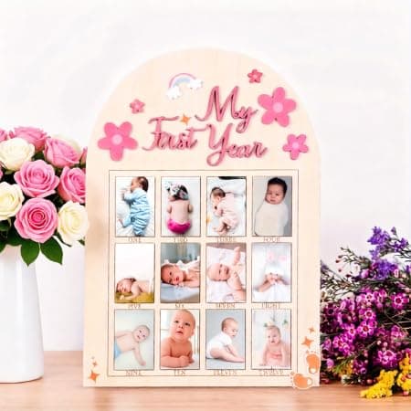 DegoCyhton My First Year Photo Frame, Wooden 12 month picture frame for baby first year, Easy Photo Insert, Smooth Safe Edge, With Hang Hooks, For 0-12 Month Newborn, Baby Birthday Keepsake Gift