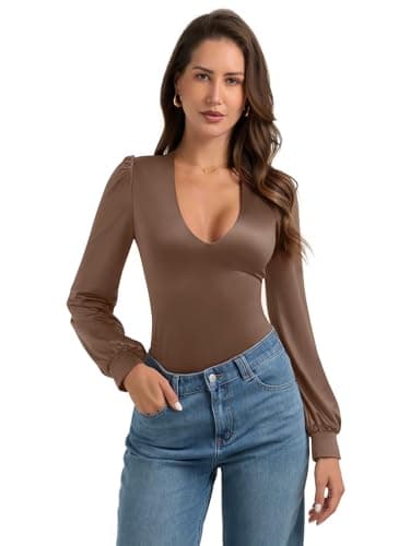 PINKMSTYLE Sexy Satin Silk Plunge V Neck Long Sleeve Bodysuits For Women Date Night Going Out Top Brown XX-Large - Thumbnail 2