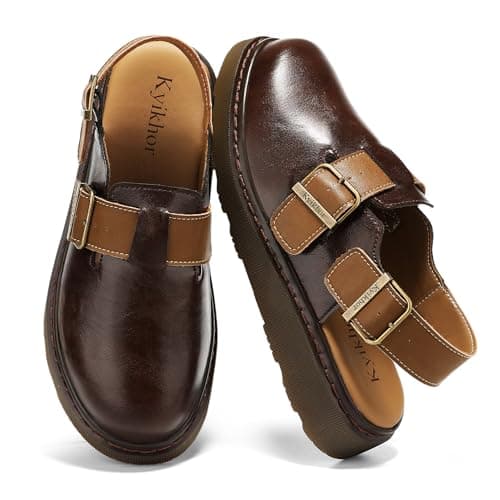 KYIKHOR Women's Genuine Leather Clogs for Women Comfort Women Loafer Slip-on Business Casual Dress Shoes Lightweight Leather Mules Office Work Everyday Walking Flats Coffee,10 M US - Image 1