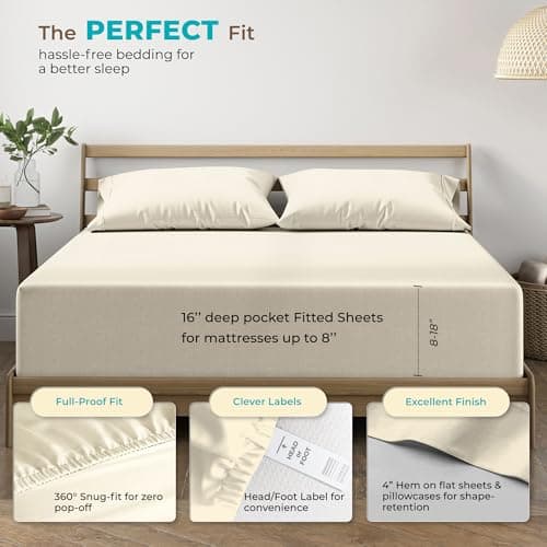 THREAD SPREAD 100% Egyptian Cotton King Size Sheets Set - 800 Series Euphoria Collection King Size Sheets (6 PC, Ivory), 16" Deep Pocket, Hotel Bed Sheet, Soft, Cooling, Sateen Bed Sheet - Thumbnail 4