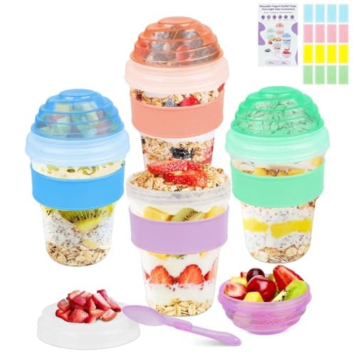 Torchero Yogurt Parfait Cups with Lids Reusable - 4 Pack 20 oz Overnight Oats Containers with Lids Folding Spoons Granola Topper, Cereal Salad Jars for Oatmeal Chia Pudding Meal Prep - Image 1