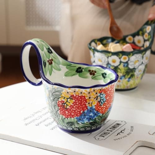 ALMA 2025 Updated Decorative Pottery Soup Bowl Microwave Safe,Large Ceramic Soup Bowl with Loop Handle,Ceramic Cereal Bowl for Soup,Snack,Chip,Stew,Ice cream-Spring Splendor Theme - Thumbnail 2