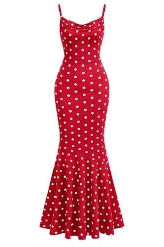 PRETTYGARDEN Womens Summer Dresses 2026 Polka Dot Spaghetti Strap Cowl Neck Bodycon Wedding Cocktail Mermaid Maxi Dress(Dot Red White,Small) - Image 1