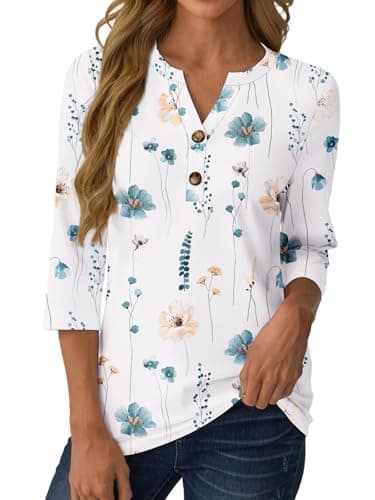 GKBK Womens Tops 3/4 Length Sleeve V Neck Button Down Loose Fit Shirts Business Casual Basic Tees Summer Fashion Cute 2026 Dressy Casual Vacation Travel Blouses Trendy Outfits Flower S - Thumbnail 2