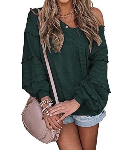 BTFBM Women’s V Neck Long Sleeve Blouse Loose Fit Tunics Ruffles Off Shoulder Waffle Knit Solid Color Tops Fall Tee Shirts(Solid Dark Green,Large) - Image 1