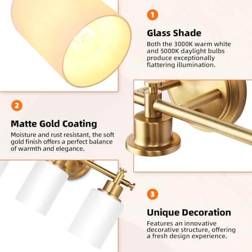 imizdlum 3-Light Gold Bathroom Vanity Light Fixtures, Brushed Gold Wall Sconce, Champagne Gold Vanity Light with Milky White Glass Shade Over Mirror, Bathroom, Bedroom, Modern Style, E26 Base - Thumbnail 4