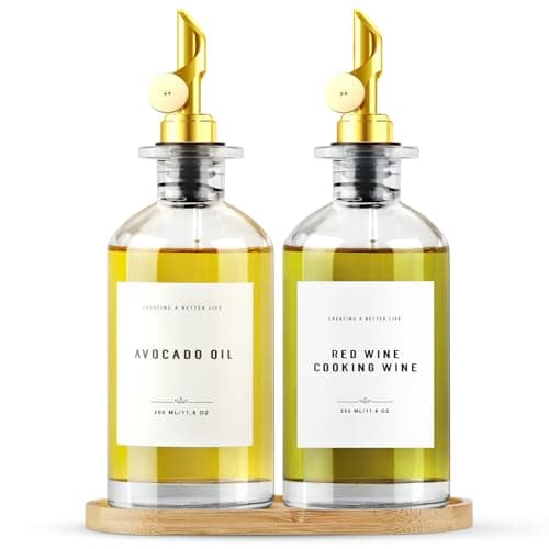 GIXSEGIE Olive Oil Dispenser Bottle with Bamboo Tray, Metal Pour Spout, Coffee Syrup & Cooking Oil Dispenser for Kitchen