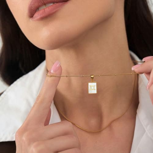 LETFLY Gemini Zodiac Gold Necklace Stack for Women, 18K Gold Plated Square Shaped Pendant with Adjustable Layered Snake Chain for Women Jewelry Gifts - Thumbnail 3