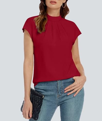 Funlingo Women's Summer Tops Dressy Casual Short Sleeve Tunic Shirts Mock Neck Loose Fit Trendy Business Work Office Chiffon Blouses Red 2XL - Thumbnail 6