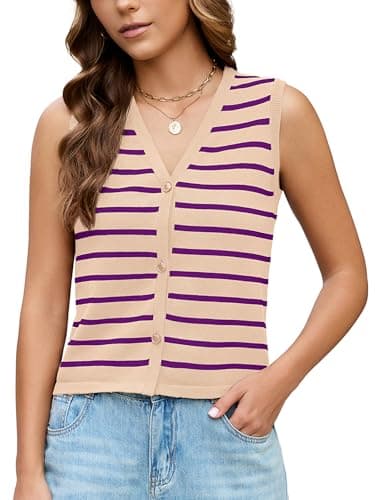 KORSIS Women Vest Tops Apricot Purple Striped Small Button up Summer Fall Outfits Fashion Casual Shirts Coat Knit Cardigan jacket Work Clothes - Image 1