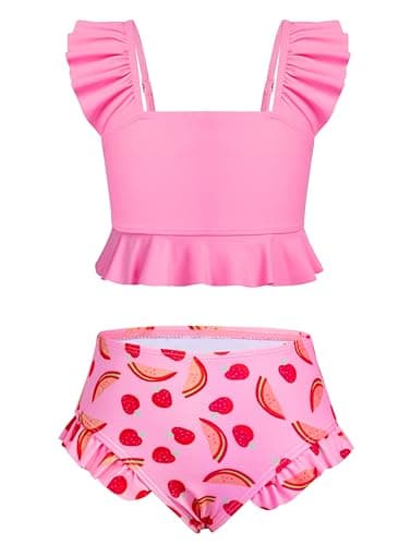 XiaoMoSha Girls Two Piece Swimsuits Ruffled Kids Bikini Sets Adjustable Straps Cute Bathing Suits for Little Girl Beach Swimwear Size 5 6 5-6 Pink Strawberry - Image 1