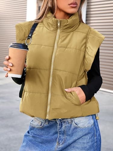 Tankaneo Womens Cropped Puffer Vest Cap Sleeve Zip Up Puffy Qulited Jacket Stand Collar Padded Gilet Coat Winter Outerwear - Thumbnail 2