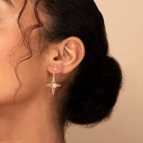 VALLOEY ROVER Starburst Stud Earrings for Women 14K Gold Plated Cubic Zirconia Pearl Ear Stud 925 Sterling Silver Post Everyday Jewelry Gift for Women - Thumbnail 4