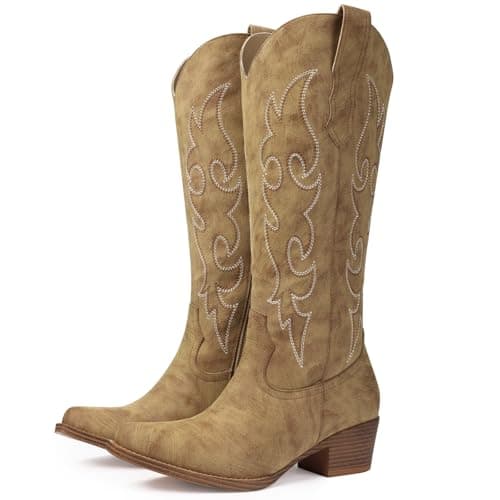 Quorvash Women's Wide Calf Cowboy Boots - Snip Toe Western Cowgirl Boots, Faux Leather Chunky Knee High Boots for Country Concerts & Nashville Outfits Tan Size 10 - Image 1
