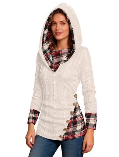 ZEZCLO Women's Twisted Cable Knit Mock Button Ruched Shawl Neck Knit Top Plaid Print Hooded Sweater - Image 1
