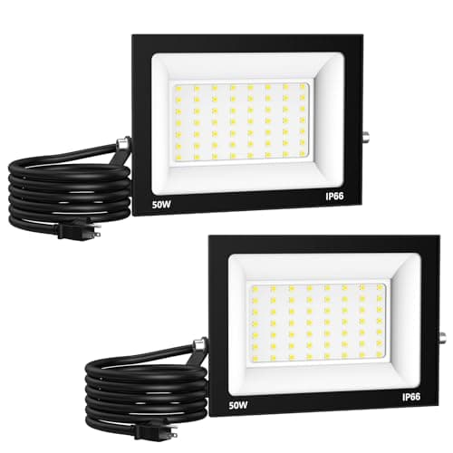Paideste 50W Flood Light Outdoor: 2 Pack 5000LM Bright LED Plug-in Flood Light, IP66 Waterproof, 100-265V, 6500K Daylight White, Plug-and-Play, Heat Dissipation, Ideal for Yard, Garage, Stadium - Image 1