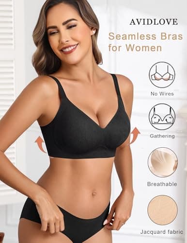 Avidlove Wireless Bras for Women Sexy Deep V Seamless T-Shirt Bra Full Coverage Bralettes Black S - Thumbnail 3