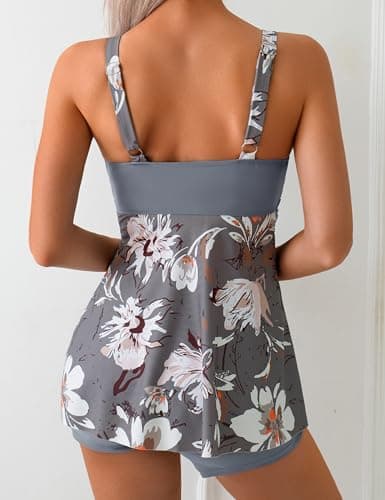 Firpearl Modest Swimming Suits for Women Tummy Control Tankini Top with Shorts Two Piece Bathing Suits XXL/US16 Grey Floral - Thumbnail 4