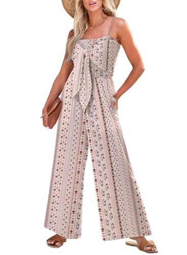 Dokotoo Jumpsuits for Women 2025 Fashion Spaghetti Strap Women's Casual Loose Overalls One Piece SleevelessStretchy Wide Leg Long Pant Rompers Jumpsuit with Pockets Printed,Pink-Floral Large - Image 1