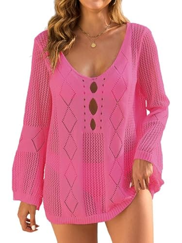 VIAURBE Womens Bikini Cover Ups Sexy Scoop Neck Long Sleeve Mesh Knit Beach Dresses for Women 2025 Vacation Hot Pink L - Image 1
