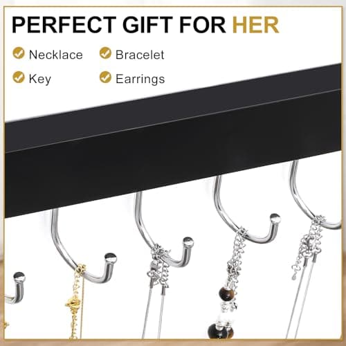 Dntorx Hanging Jewelry Organizer, 2 Pack Black Necklace Holder for Wall Wooden Necklace Organizers Hangers Wall Mount with 24 Hooks Jewelry Display Hanger for Necklaces, Bracelets, Earrings, Keys - Thumbnail 6