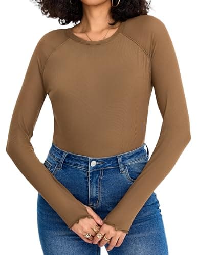 Totatuit Women Sexy Mesh Long Sleeve Tops Crewneck Double Lined Tops Lace Fiteed Shirts Y2K Concert Going Out Brown Small - Image 1