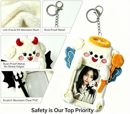 DegoCython Photocard Holder, 2 Pack Angel & Devil Puppy Pair, Plush Photo Card Keychain, Clear Protective Sleeve, 3 Inch Size, Dual Hanging Clasps for Kpop Fans Backpack Charm Gift Concert - Thumbnail 4