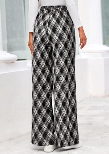 PRETTYGARDEN Casual Women's Pants 2026 Elastic Waist Palazzo Long Pajama Wide Leg Trousers Knit Fall Outfits with Pockets (Big Plaid Black,Large) - Thumbnail 4