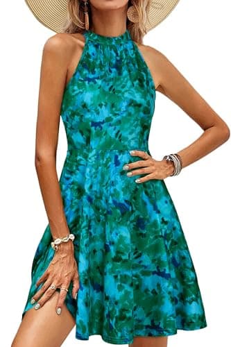 OUGES Women's Summer Dresses Floral Sundresses Halter Neck Cruise Outfits Beach Vacation Casual Graduation Derby Dress 2026(Green Blue Floral,L) - Image 1