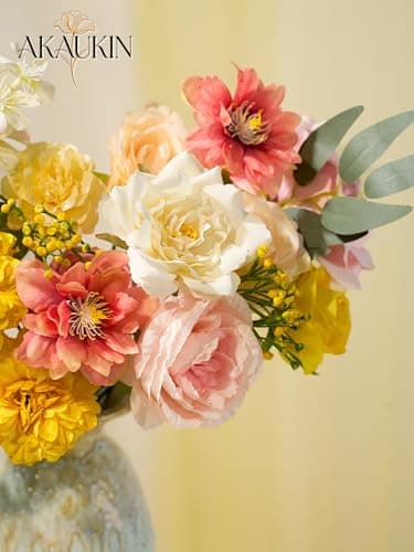 AKAUKIN Pink Yellow Artificial Flowers Combo, Fake Silk Dahlia Roses Bulk with Stems Box Set for Wedding Bridal Bouquets, Baby Shower, Party, Table Centerpieces, Home Decor & DIY Floral Arrangements - Thumbnail 6
