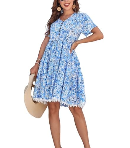 Women's V-Neck Button Down Casual Floral Midi Dress with Short Sleeve Lace Trim Hem Side Pockets (lacebian-39035-1,m) - Image 1