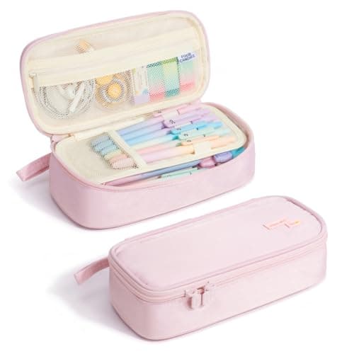 Four Candies Large Pencil Case, 5 Compartments Pen Organizer, Big Capacity Canvas Pencil Pouch Bag for School Supplies, Portable Stationery Holder for Teen Girls, Women (Pink)