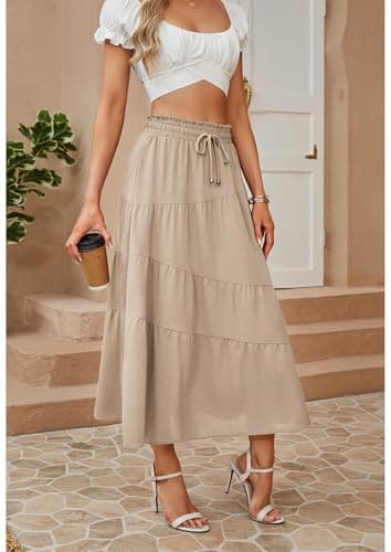 ECOWISH Women Boho Maxi Skirt: Summer Asymmetric Tiered Drawstring Elastic High Waist A-Line Flowy Long Skirts with Pockets 441 Khaki XL - Thumbnail 4