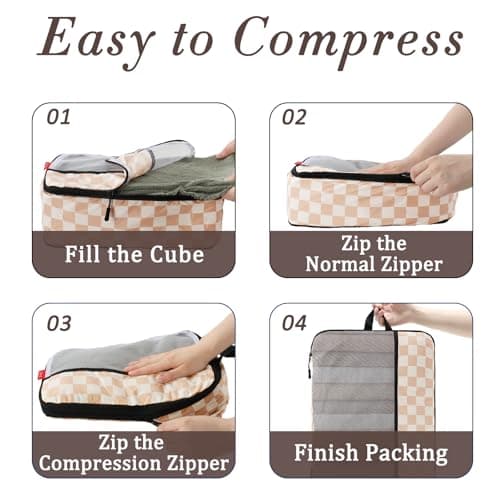 U+U 10 Set Compression Packing Cubes - Ultralight Travel Organizers with Laundry Bag and Cosmetic Bag, Space-Saving Suitcase Organizer for Travel, Business Trip and Family Vacation (Khaki Checkered) - Thumbnail 6