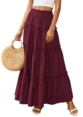 PRETTYGARDEN Boho Maxi Skirts for Women Trendy Summer 2026 Spring Long Flowy A Line Tiered Skirt Beach Vacation Clothes Dress (Burgundy,Large) - Thumbnail 5
