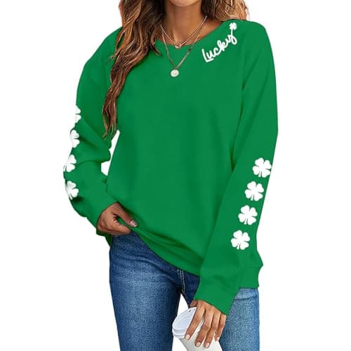 Tewmeu St Patricks Day Sweatshirt Women Lucky Shamrock Long Sleeve Shirt Irish Green Graphic Pullover Top - Image 1