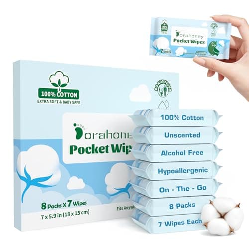 Dorahoney 100% Cotton Travel Wipes for Sensitive Skin, 99% Purified Water Hypoallergenic Mini Wet Wipes, Unscented Pocket Wipes Travel Essentials for Adults, Kids & Baby Care, 56 Count (8 Packs of 7) - Image 1