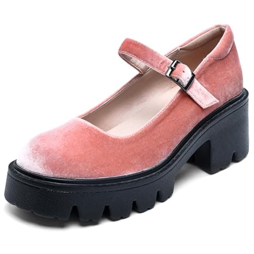 Elvora Women's Mary Jane Shoes - Platform Mary Janes for Women, Pink Velvet Round Toe Chunky Dress Shoes with Adjustable Ankle Strap - Image 1
